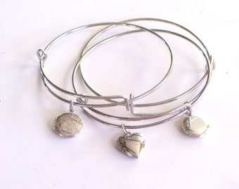Silver Locket Bracelet, Locket Bangle Bracelet, Silver Locket Charm, Round Mini Locket, Heart Mini Locket, Layering Bangle, Stackable Bangle