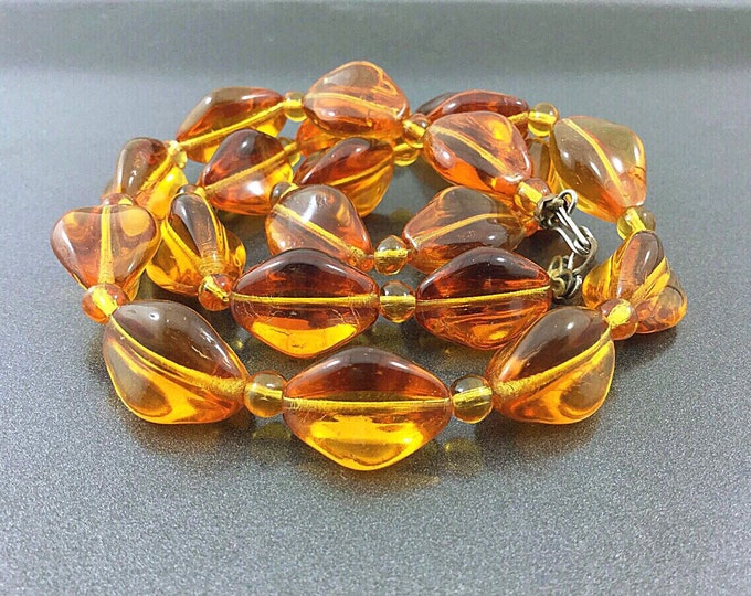 Antique Smooth Fine Amber Czech Glass Bead Necklace. Shapely Early Glass Necklace. Quality Old Glass Honey Orange Beads.