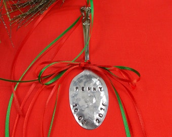 NEW BABY, PERSONALIZED Spoon Baby Christmas Ornament, Baby's 1st Christmas, Baby's First Christmas Ornament, Vintage Silver Plated,Under 20