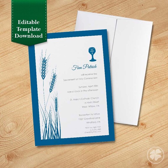 Wheat and Chalice Religious Invitation Template Blue First