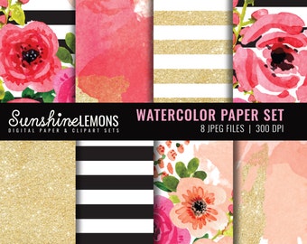 Watercolor Digital Scrapbooking Paper - Floral Watercolor digital paper set - Digital Paper Watercolor - COMMERCIAL USE Read Terms Below