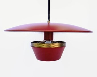 Vintage Atomic Saucer Pendant Light, Mid Century Lightolier Lytecaster Style Chandelier, Gerald Thurston Style Red Metal Light