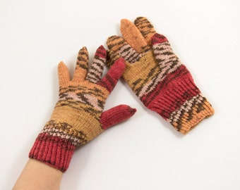 Hand Knitted Gloves - Brown, Red and Beige, Size Medium