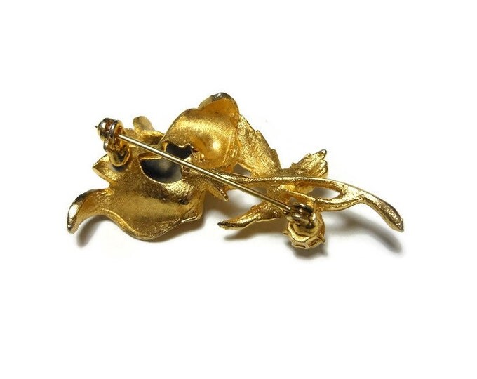 FREE SHIPPING Rosebud brooch, gold plated brushed gold rose bud on stem with leaves and a faux pearl