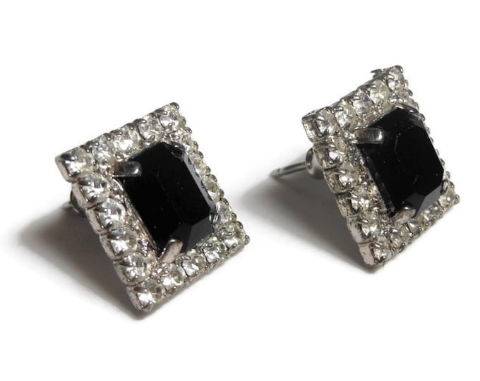 Rectangular rhinestone earrings, small faux onyx prong set baguette surrounded by prong set rhinestones, post pierced earrings