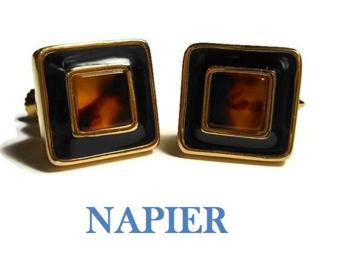 Napier tortoise earrings, 1980s black and gold enamel frame set faux tortoise shell square cabochon screw back earrings