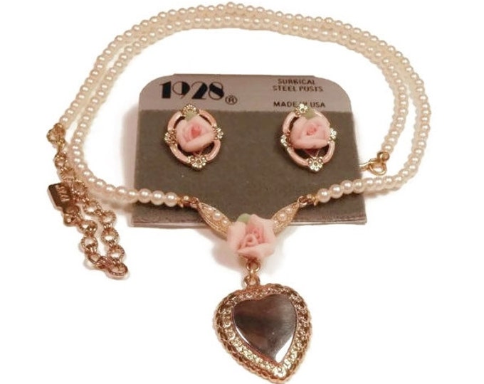 FREE SHIPPING 1928 necklace and earrings, porcelain rose and faux pearl with heart ready for engraving
