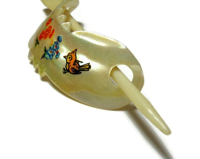 FREE SHIPPING MOP hair slide, mother of pearl, hand painted or decals, ladybug flowers bird, painted clip, child's bun holder,