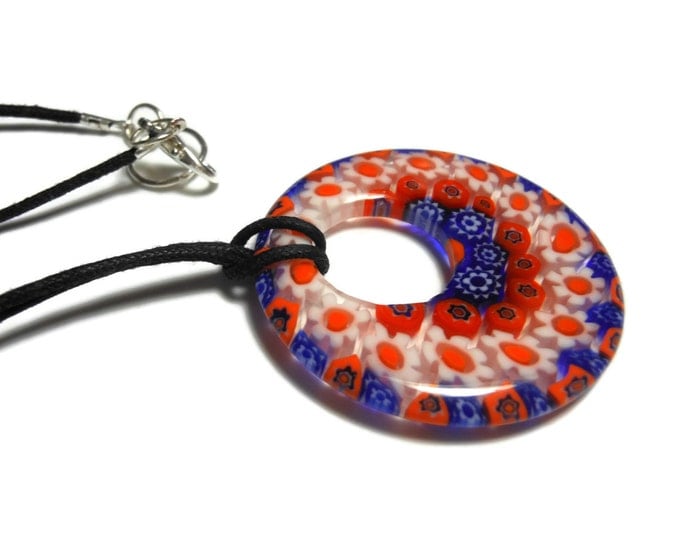 Millefiori glass pendant, 40mm round blue orange and white flowers, orange and white daisies, round go-go black cord, silver plated findings