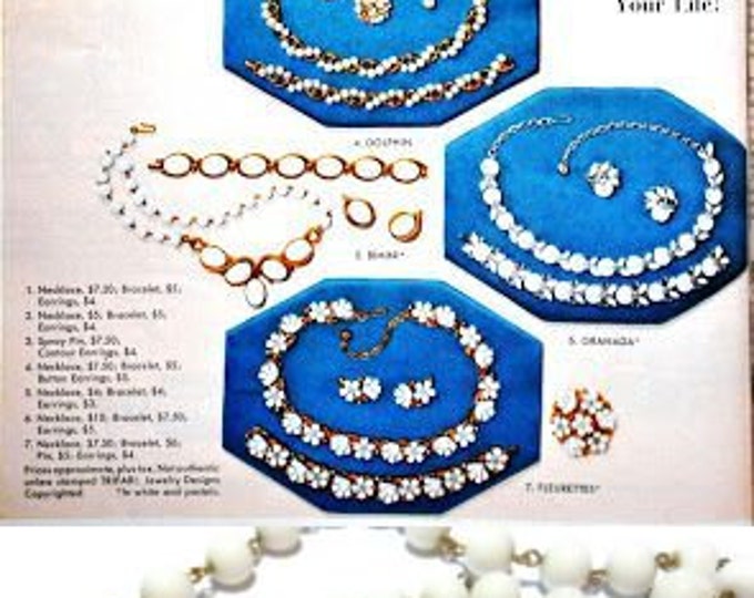 Crown Trifari necklace white milk glass beads with Lucite center pieces seen in 1955 Life Magazine, wedding perfect
