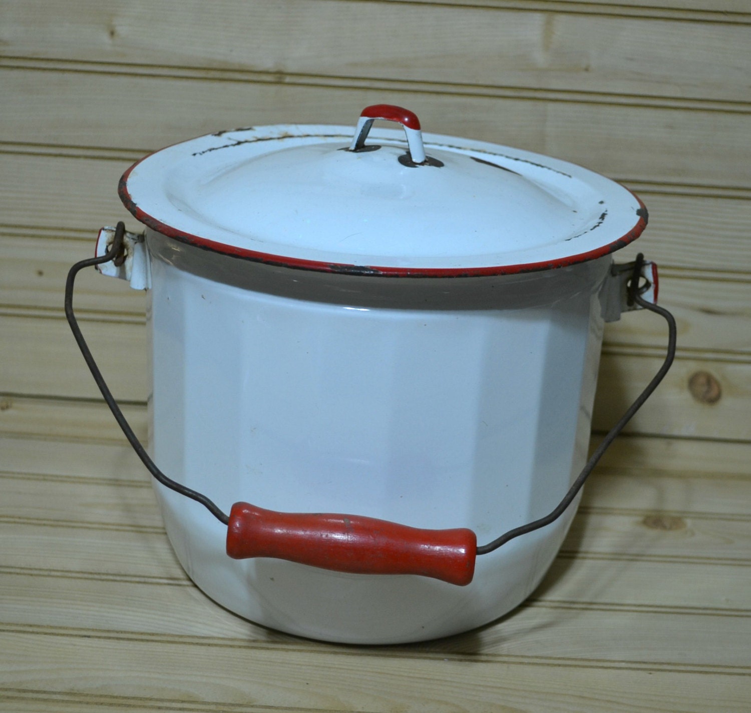 Vintage White Enamel Ware Pot Lid Wooden Handle Pail Porcelain