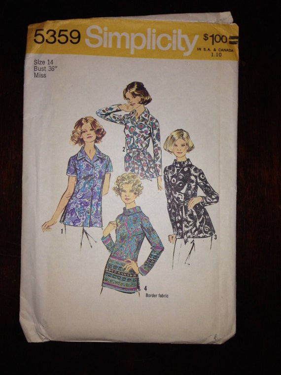 Simplicity 5359 Sewing Pattern 70s Uncut Misses and Womens Set of Blouses Size 14