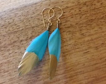 Turquoise & Gold Feather Earrings with 9k Electroplated hooks/Feather Earrings/Turquoise Earrings/9k Electroplated Hooks