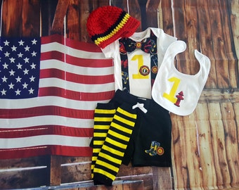 Fire Fighter Baby Boy First Birthday Outfit - Little Man, Birthday Bow Tie Bodysuit, Leg warmers, Hat, Cake smash, 1st Birthday, Fireman