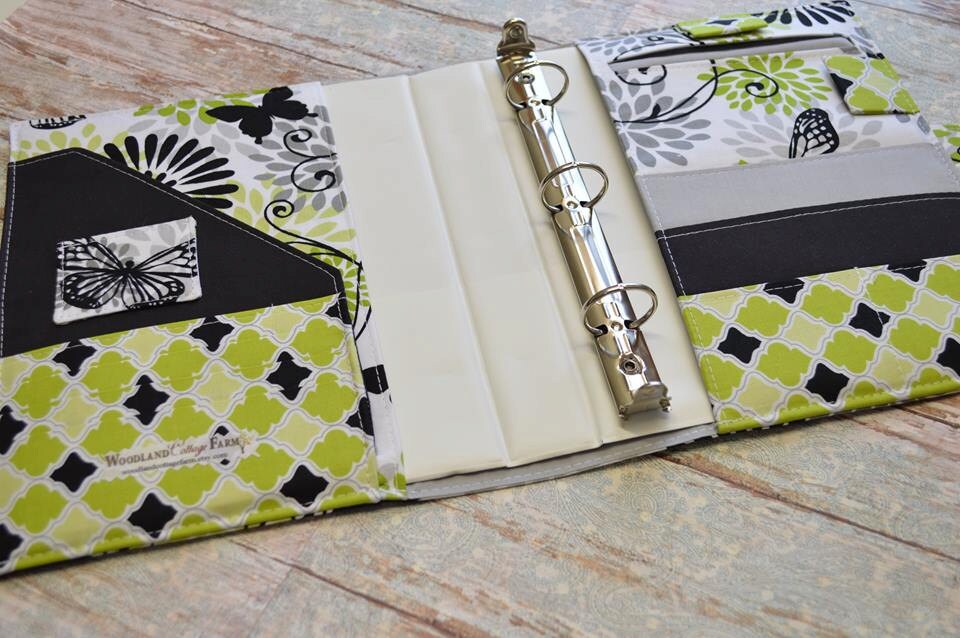 3 Ring Binder Cover in Green and Black Butterfly fabric h2