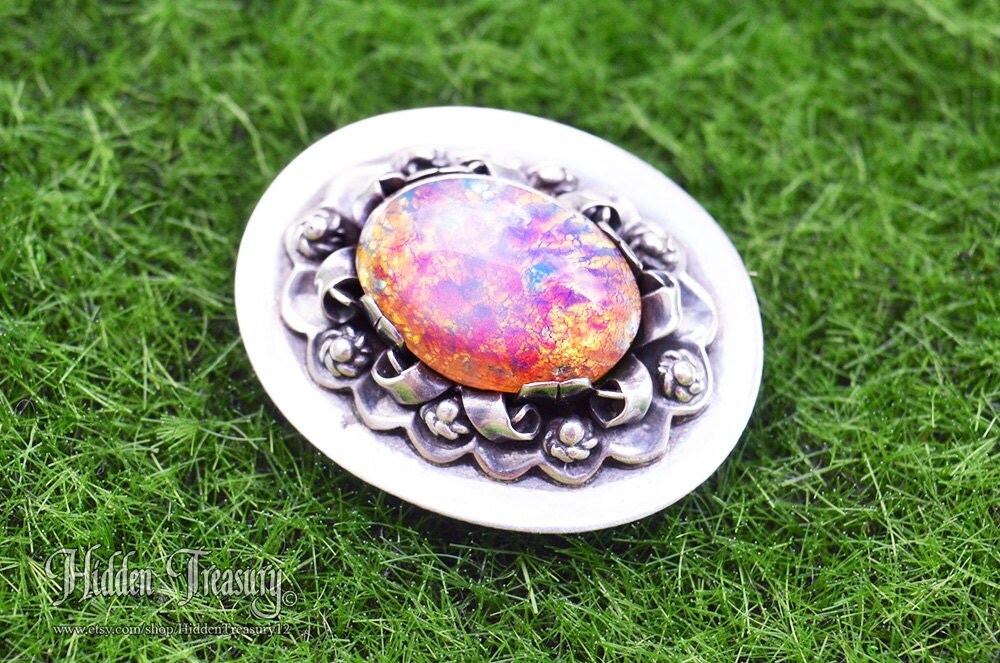 Dragons Breath Opal Brooch  Sterling Silver 925 Antique Vintage Glass