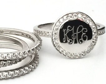 Monogram Stacking Ring Personalized, Monogrammed Sterling Silver Ring CZ, Signet Ring Silver Women, Monogram Engagement Ring