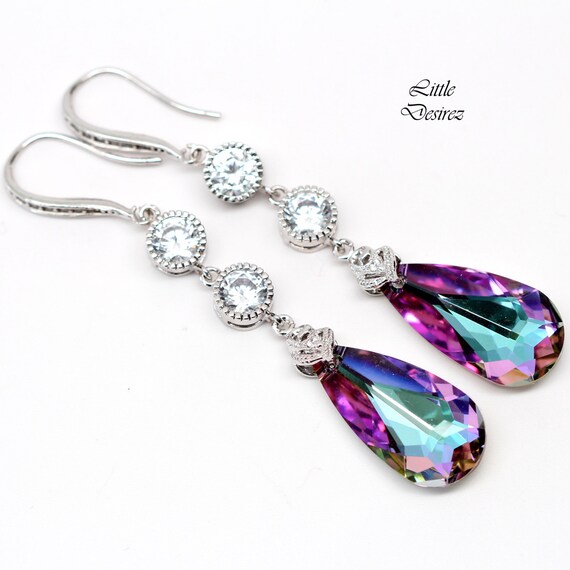 Pink and Purple Bridal Earrings Purple Earrings Swarovski