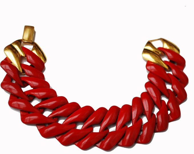 Red Enamel Chain Link Bracelet - Signed Napier - Gold Clasp - Newport Series - Book Piece
