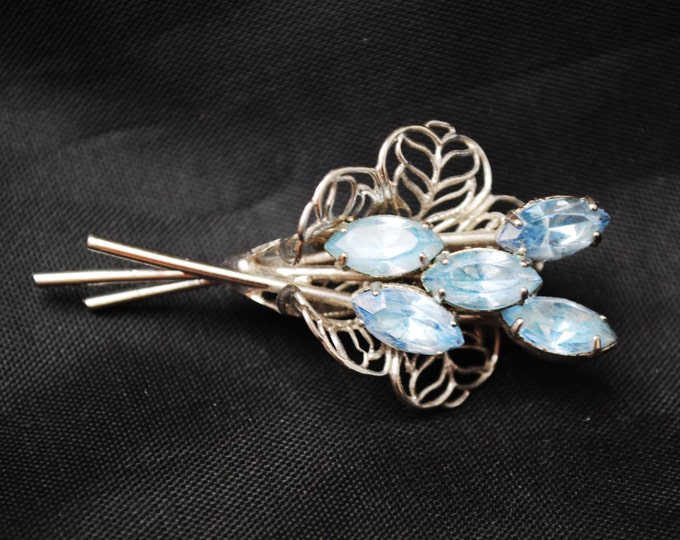 Blue Rhinestone Flower Brooch - silver Filigree - bouquet - floral spray pin