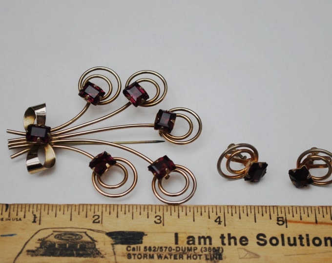 Flower Spray Brooch earring set gold fill amethyst glass pin and screw back earrings