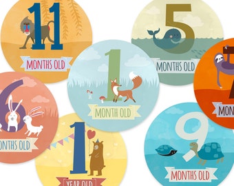Baby monthly stickers animal, Baby shower gift, 12 months, first year, monthly sticker, baby stickers, baby milestone stickers