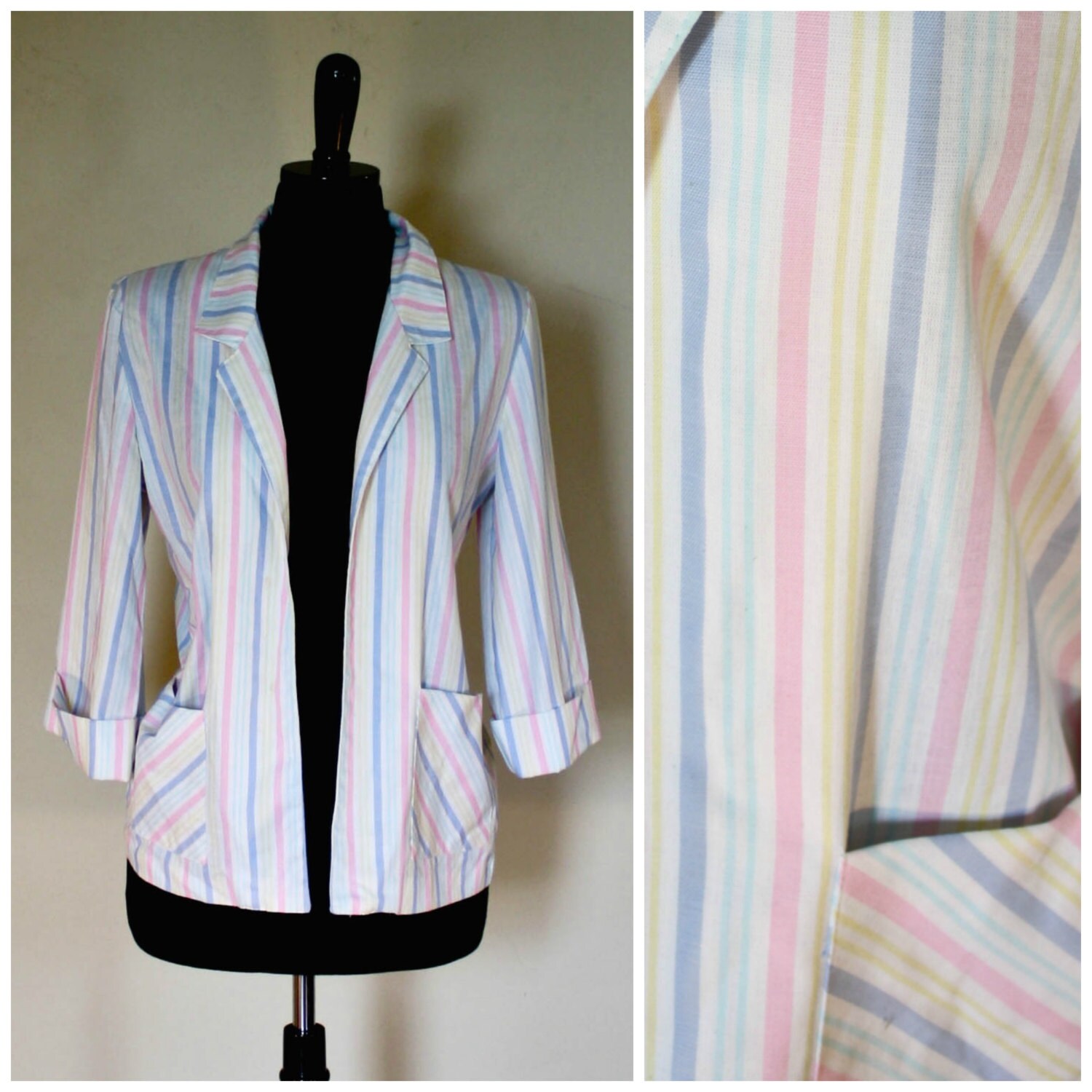 Vintage Pastel Rainbow Striped Blazer 1980s 3/4 Length Sleeve