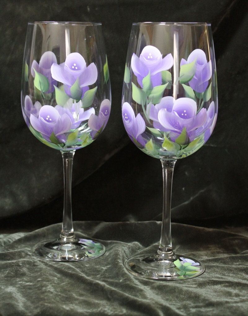 Hand Painted Wine Glasses Set of 2 Lavender and White