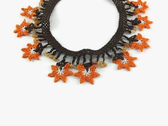 Crochet Statement Necklace ~ Orange Floral Thread ~ Spring Gift for Her, Mother’s Day   ~ Boho Chic Statement Jewelry