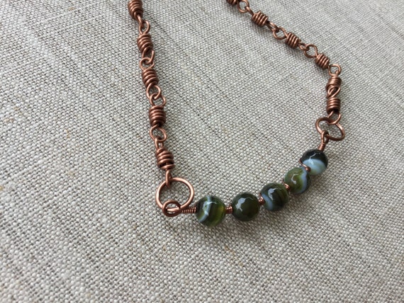 Dark vintage Copper Coil wrapped chain with green agate beaded