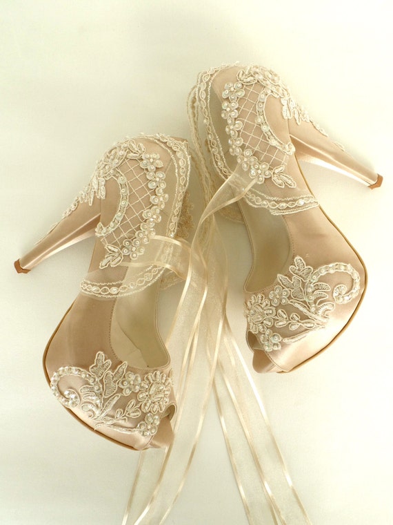 Wedding Shoes Champagne Embroidered Lace Bridal Shoes