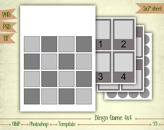 Bingo Game 4x4 Digital Collage Sheet Layered Template