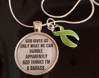 Non-Hodgkins Lymphoma Necklace - Lime Green Ribbon Charm - God thinks I'm a badass - Lyme Disease