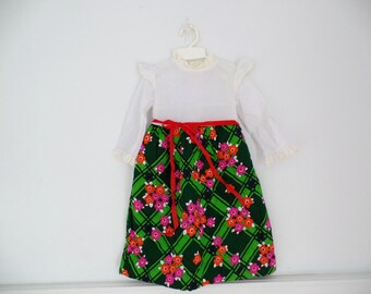 Vintage Little Girls Dress, 1970s Toddler Dress, Little Girls Long Dress, Little Girls Holiday Dress, 2T,3T,Red Green Floral Print