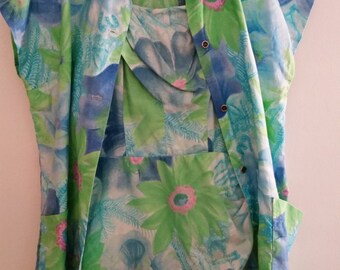 Vintage Hawaiian Swimsuit 1960's Cotton Floral Bathing Suit 60's Pin Up Girl Romper with Cover-Up Boho Swimsuit with Blouse Size Medium