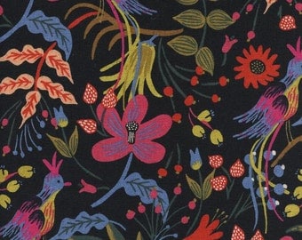 Rifle Paper Co. Fabric Canvas Folk Birds in Black Fabric Modern Les Fleurs Collection Cotton + Steel Black Floral Fabric Anna Bond