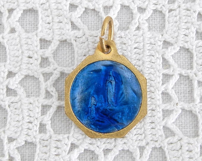 Small Vintage French Religious Gold Plated and Blue Glass Enamel Medal Virgin Mary / Charm / Religion / Christian / Catholic / Madonna Small Vintage French Religious Gold Plated and Blue Glass Enamel Medal Virgin Mary / Charm / Religion / Christian / Catholic / Madonna