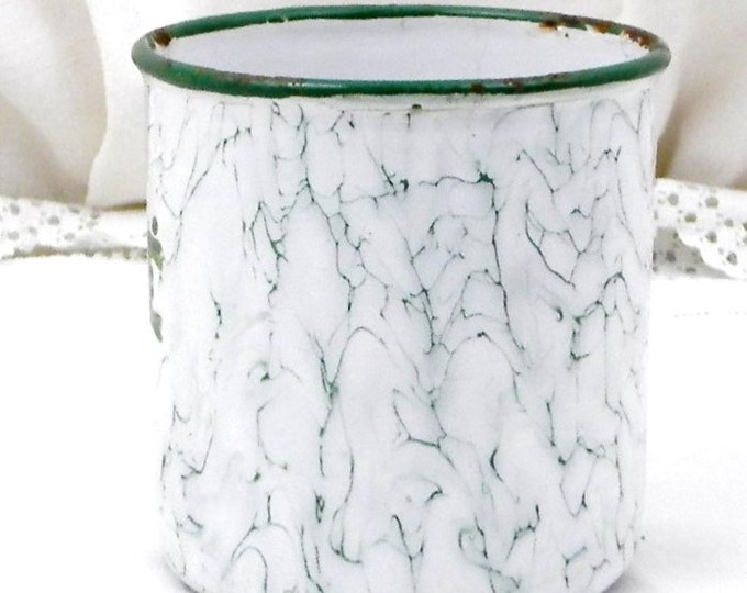 Antique Art Deco French Chippy White and Green Marbled Enamel Coffee Canister French Country Decor, Enamelware Pot, Kitchenware, Desk Tidy