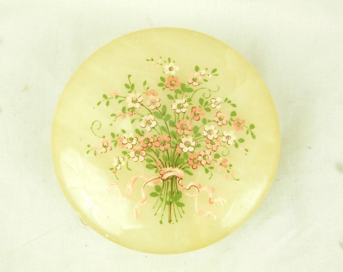 Vintage French Carved Hand Painted Alabaster Stone Lidded Powder Pot, Brocante Boudoir Box from France, Cosmetic Make Up Accessory Vintage French Carved Hand Painted Alabaster Stone Lidded Powder Pot, Brocante Boudoir Box from France, Cosmetic Make Up Accessory