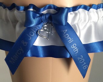 Wedding Garter, Bridal Garter, Royal Blue and White Wedding Garter, Personalized Garter, Prom Garter, Custom Wedding Garter