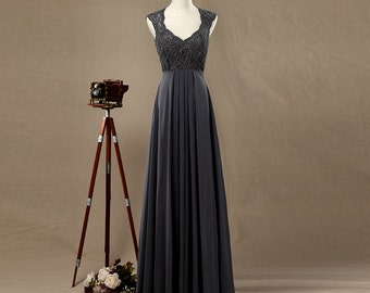 Dark Grey Bridesmaid dress, Lace Wedding dress, Double Straps Prom dress, Evening dress floor length