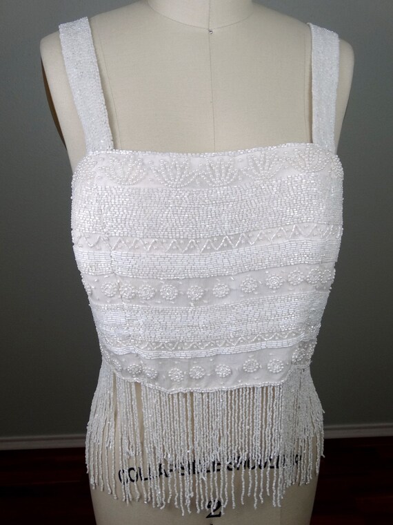VTG White Fringe Beaded Top / Pearl Beaded Crop Top / Fringed