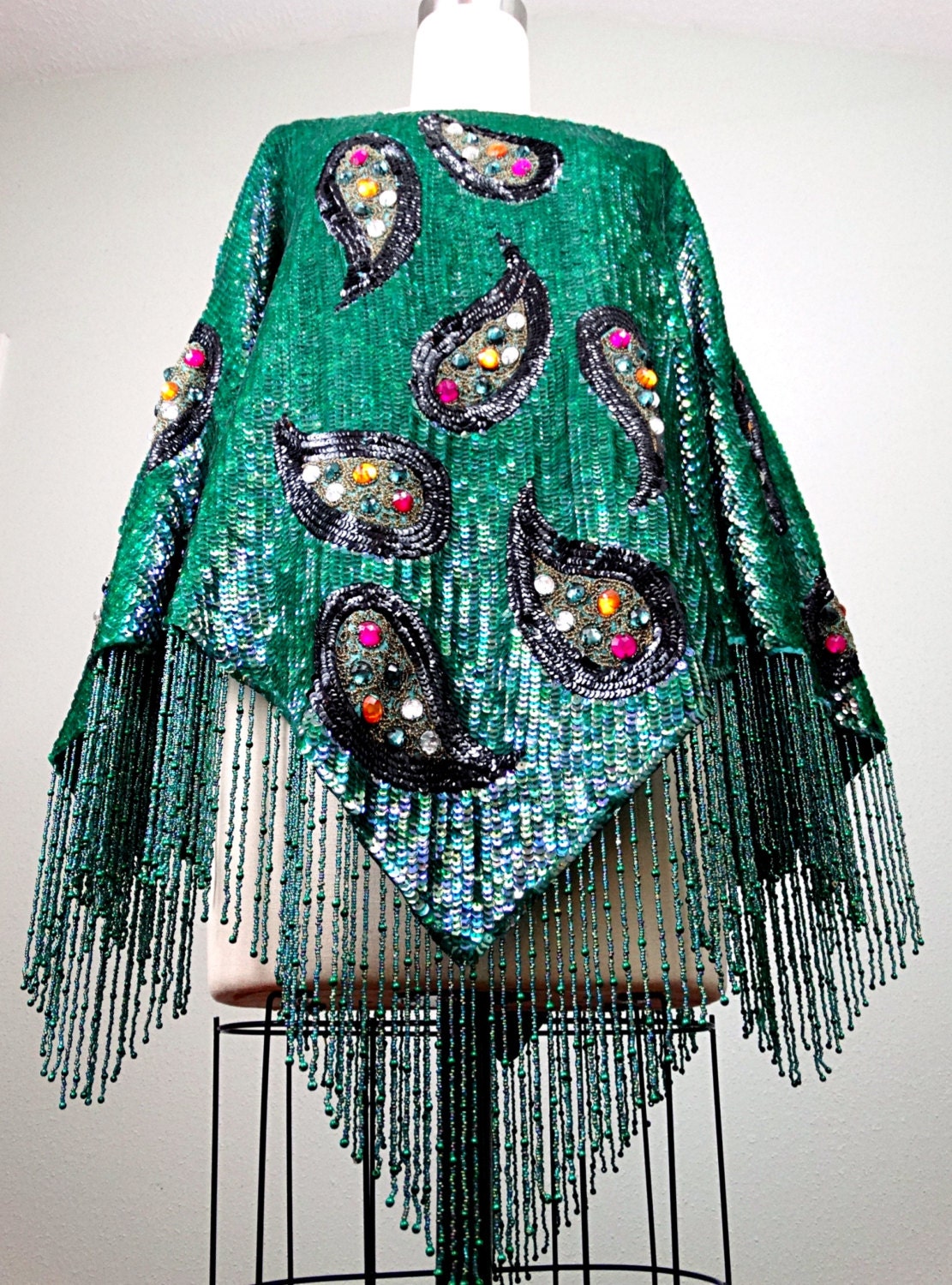 HEAVY Fringe Beaded Poncho / Peacock Green Iridescent Sequined