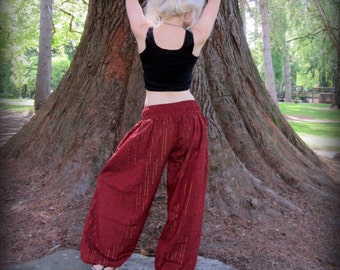 Harem Pants ~ Belly Dance Tribal Fusion Yoga Pants ~ Genie Pants Renaissance Festival Clothing ~ Red, Black,Cream White w/gold metal stripes