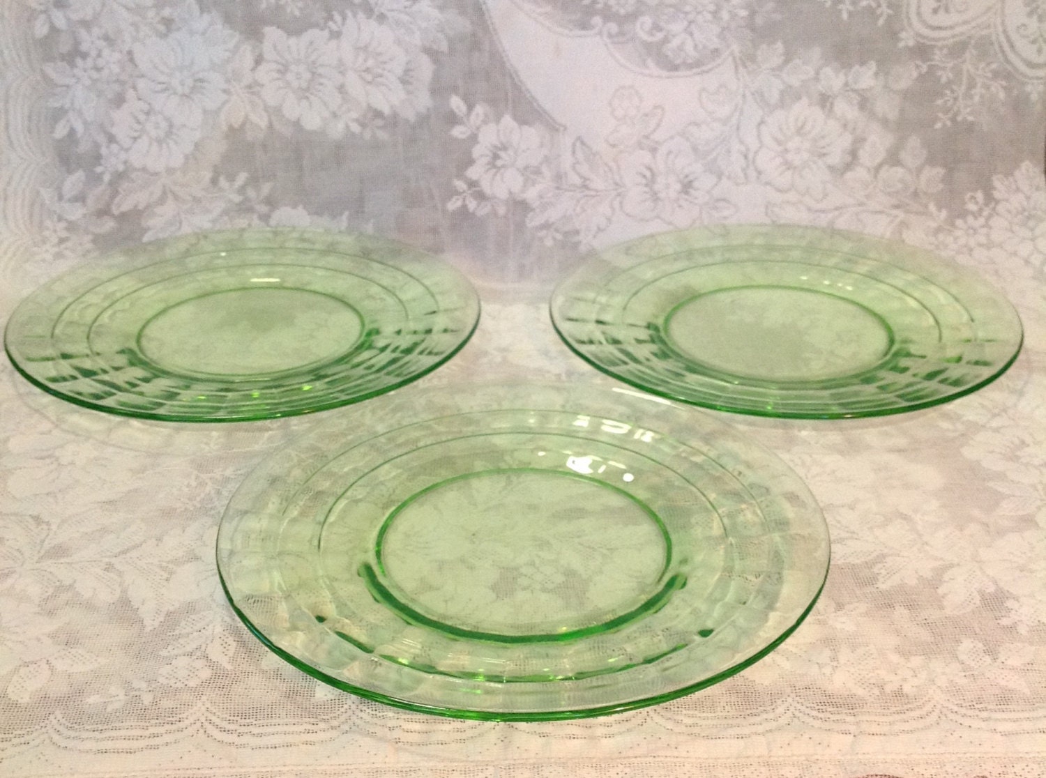 Set of 3 green depression glass plates 8.25 luncheon