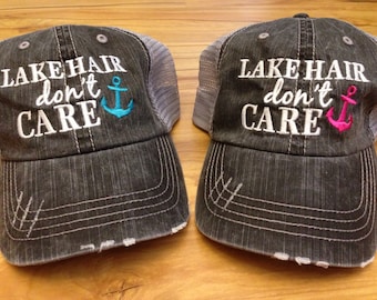 Lake Hair Don't Care Trucker Style Hat, Baseball Cap, Summer Hat, Beach Hair, Beach Hat, Girls or Ladies, River, Lake, Pink, Blue You Pick