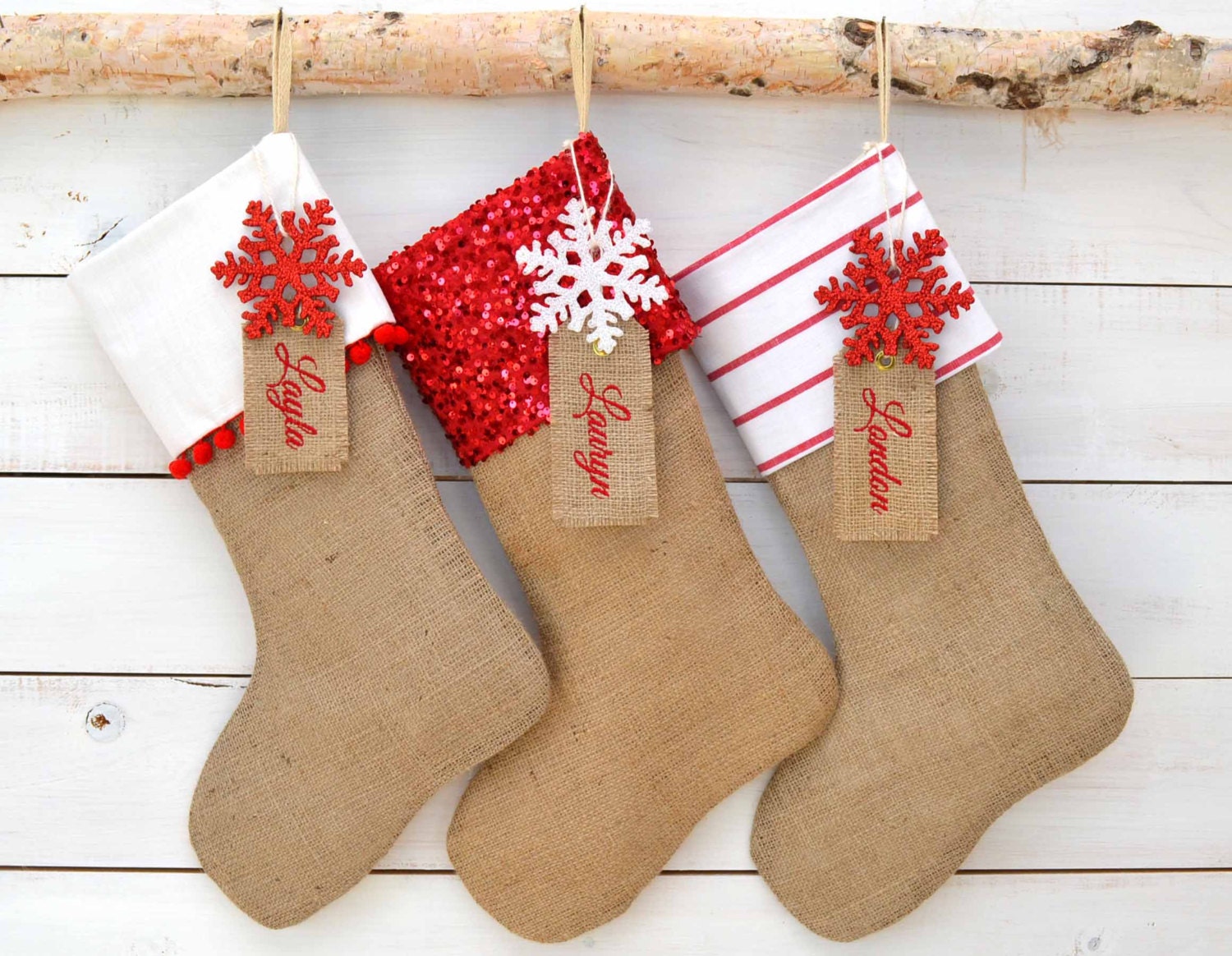 Burlap Stockings Set of 3 Red & White Collection by TwentyEight12