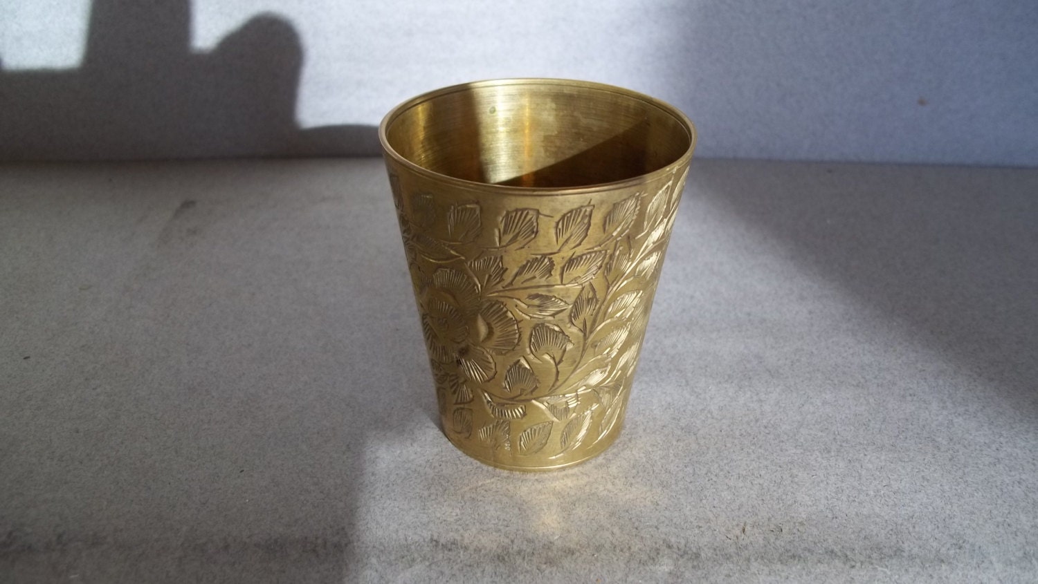 Vintage Brass Jigger Midcentury Etched Brass Shot Glass