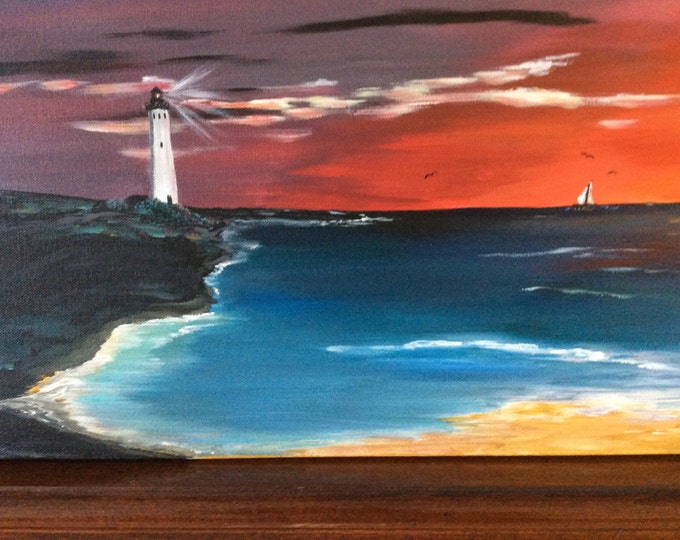 12 X 36 Acrylic Painting - Lighthouse at Sunset