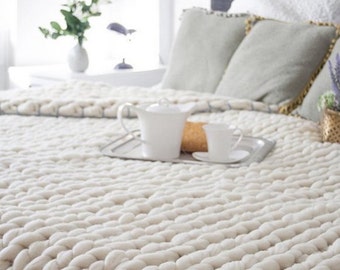 LOWEST PRICE! Super Chunky Knit Merino Blanket, Queen Size 63 x 80, Wool Blanket, Blanket, Giant Knitting, Extreme Knitting, Bulky Blanket